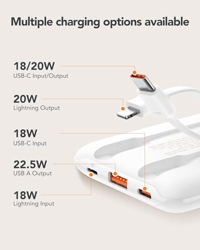 Mini Portable Charger with Built-in Cables 20W Fast Charging Power Bank USB-C Small Battery Pack 10000mAh Travel Essential Slim Battery for iPhone 17/16/15/14, Samsung 25/24, and More - color: White