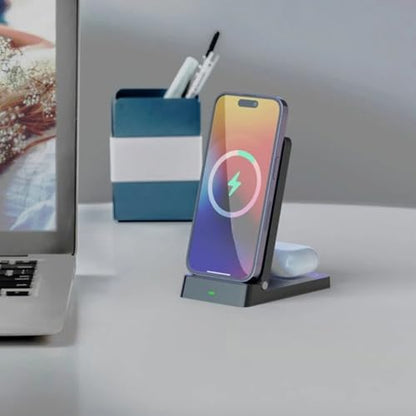 2 in 1 Dual Coil Magnetic Wireless Charger Stand Foldable Desktop Fast Charging Station for iPhone 17 16 15 14 13 12 for Airpods (White)