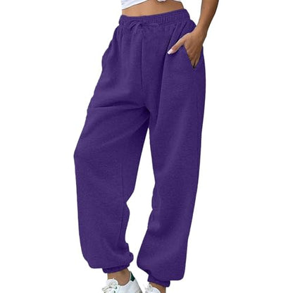 Women Sweatpants Solid Oversized Jogger Style Elastic Drawstring Waist Deep Pocket Soft Stretch Loose Fit Casual Sport Pants - color: Purple, size: X-Large