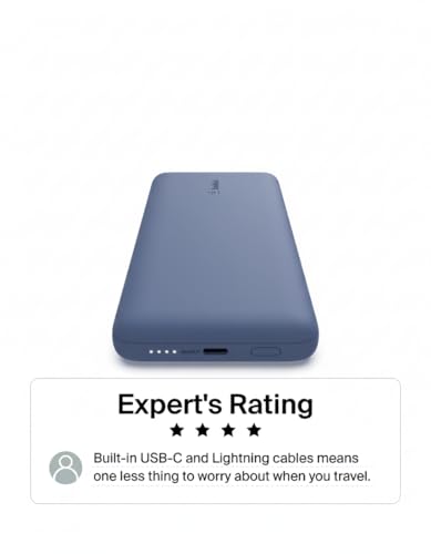 Belkin 10K 23W Portable Charger Power Bank, Integrated USB C and LTG Cables - Recommended Uses for Product - color: Blue