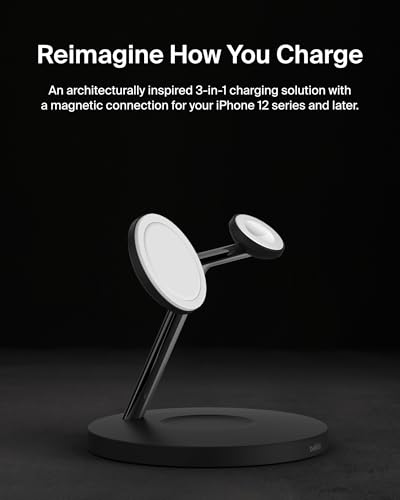 Belkin MagSafe 3 in 1 Wireless Charging Stand, 2nd Gen, 33% Faster - color: Black, style: Chrome Finish