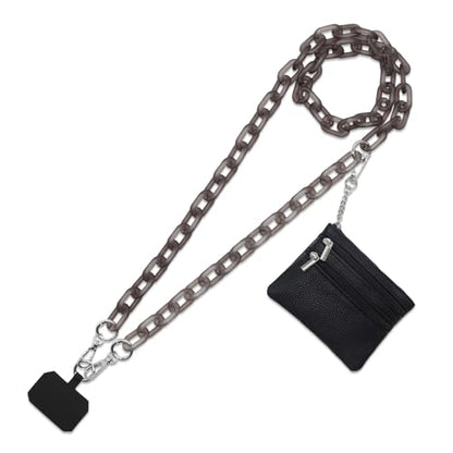 Long Keeper Phone Crossbody Chain Acrylic Phone Lanyards with Zipper Wallet Women Cellphone Strap Wrist Bracelet Purse Strap - color: Black Silver