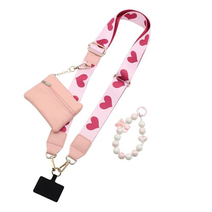 Phone Strap with Zippered Pouch, Clip and Go Strap for Phone with Wallet Crossbody, Adjustable Crossbody Phone Strap-1 - color: Pink Heart