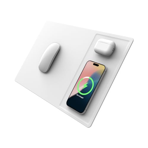 POUT H3 PRO Dual Qi Wireless Charging Mouse Pad – Dual Fast Wireless Chargers for Smartphones and Earbuds – Smooth Surface with Anti-Slip Base for Home and Office Use (Polar White)