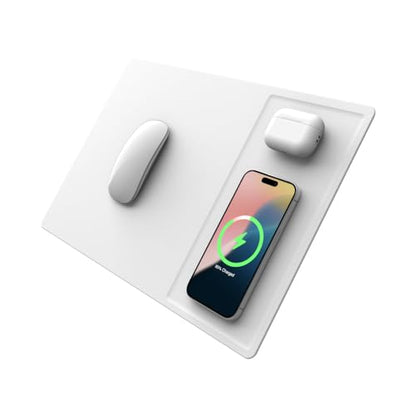 POUT H3 PRO Dual Qi Wireless Charging Mouse Pad – Dual Fast Wireless Chargers for Smartphones and Earbuds – Smooth Surface with Anti-Slip Base for Home and Office Use (Polar White)