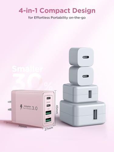 [2-Pack] USB C Charger Block, 4 in 1 USB C Wall Charger PD 3.0 40W Charging Blocks, QC 2A USB Wall Charger for iPhone 17 16 15 14 13 12 Pro Max, iPad, iPod - color: Purple + Pink