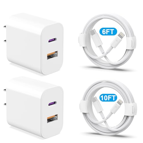 20W Dual Port Fast Charger Block 2-Pack with 6FT & 10FT MFi-Certified Cables, PD/QC3.0 Quick Charge Adapter for iPhone 14/13/12/11 Pro Max/XS/XR/X, iPad, AirPods Pro - Overheat & Surge Protection