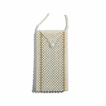 Pearl Beaded Phone Crossbody Bag, White and Gold, Handmade Beaded Purse with Shoulder Strap