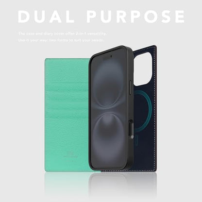 SLG D8 Neon Full Grain Leather Wallet Case for iPhone 16 - [2-in-1] Handcrafted Detachable Diary Style with Magnetic MagSafe Back Cover, Gift Box Included (Teal) - color: [D8 Neon] Teal, size: iPhone 16