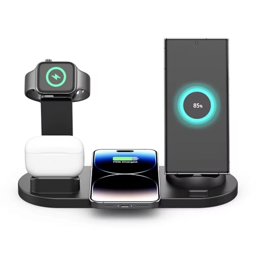 4-in-1 Wireless Charging Station Compatible with iPhone, Apple Watch, AirPods, and Android, Black, with USB Port