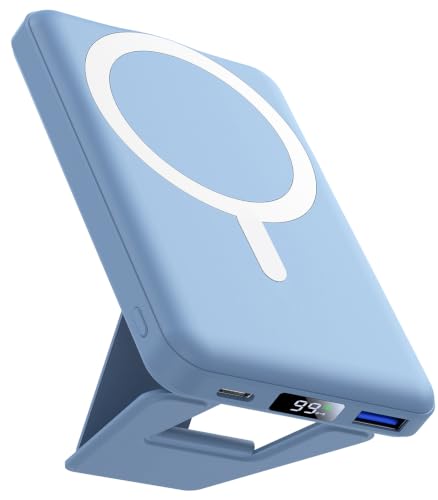 AOGUERBE Magnetic Power Bank, 10000mAh Wireless Portable Charger with Stand - color: Light Blue