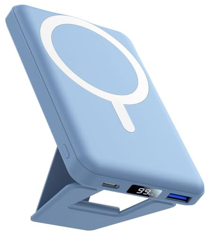 AOGUERBE Magnetic Power Bank, 10000mAh Wireless Portable Charger with Stand - color: Light Blue
