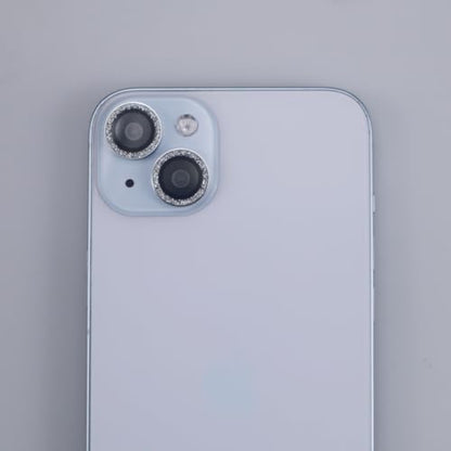 BONVAN for iPhone 15/15 Plus Camera Lens Protector Bling Glitter Metal Crystal Tempered Glass Screen Accessories Sparkly Lens Cover, also Compatible with iPhone 16e (2PCS) (Silver) - color: Silver