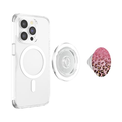 Cute Pink Leopard Print Pattern Fashion Design on Black PopSockets PopGrip for MagSafe - style: Magnetic PopGrip