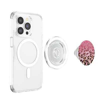 Cute Pink Leopard Print Pattern Fashion Design on Black PopSockets PopGrip for MagSafe - style: Magnetic PopGrip