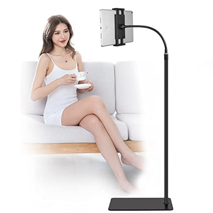 Tablet Floor Stand with Double Weight Base 360-degree Rotatable Metal Tablet Holder with Flexible Gooseneck Holder Long Arm for iPad Mini Air Pro, All Cell Phones iPhone & Tablets (4.5-12.9-inch)