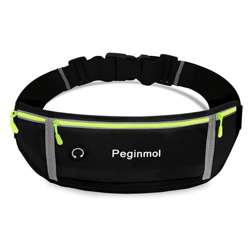 Slim Running Belt Fanny Pack, Waist Pack Bag for Women Men, Running Pouch for Phone Waterproof Reflective with 3 Pouches, Running Phone Holder for Sports, Traveling (Black + Green) - color: Black + Green