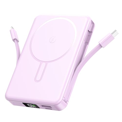 Magnetic Portable Charger 10000mAh Built in Cable for Magsafe Power Bank - color: Purple