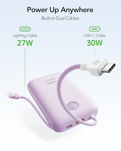 VIYISI Portable Charger 20000mAh 30W with Built-in Cables, Purple - color: Purple