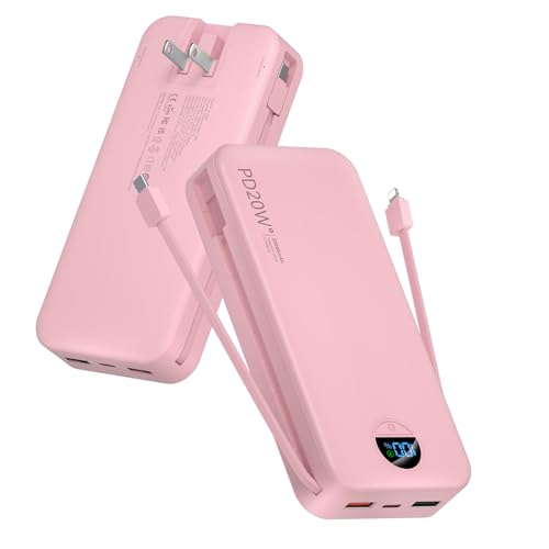 citicr Portable Charger 20000mAh PD20W w/Built-in Cables & Wall Plug Pink - color: Magenta