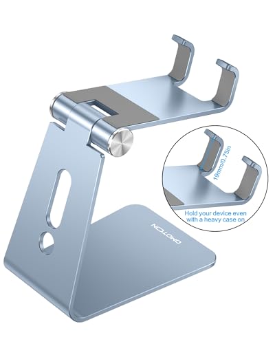 OMOTON Adjustable Cell Phone Stand, Aluminum Desktop Cellphone Stand with Anti-Slip Base and Convenient Charging Port, Fits All Smart Phones, Light Blue - color: Light Blue