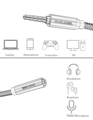 Headphone Extension Cable, DUKABEL 3.5mm TRRS Mic-Supported Extender -4Feet - color: Grey, size: (4 Feet / 1.2 Meters)