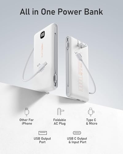 Portable Charger with Wall Plug and Built in Cables, VEEKTOMX 10000 Mah Power Bank, USB C Slim Battery Pack with LED Display Compatible with iPhone 18/17/16/15, Samsung