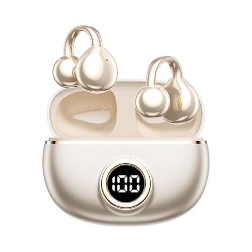 Clip on Earbuds for Small Ears & Glasses, Open Ear Bluetooth 5.4 Headphones with 40H Playtime & Digital Display, Sweatproof - color: Beige