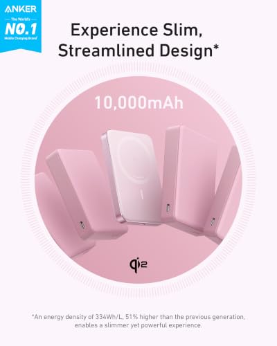 Anker MagGo Power Bank, 10,000mAh Qi2-Certified 15W Portable Charger | Slim and Fast MagSafe-Compatible Battery Pack, Ergonomic Design, for iPhone 16 / 15 / 14 / 13 Series and More - color: Pink