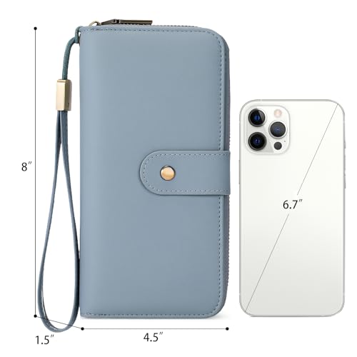 GAEKEAO RFID Leather Wristlet Wallet for Women with Grip Strap | Large capacity clutch wallet, credit card holder, wrist strap, zipper purse, travel and shopping - color: Blue