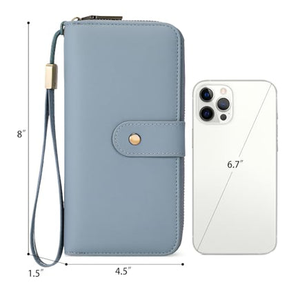 GAEKEAO RFID Leather Wristlet Wallet for Women with Grip Strap | Large capacity clutch wallet, credit card holder, wrist strap, zipper purse, travel and shopping - color: Blue
