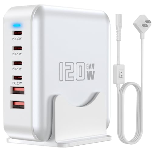 USB C Fast Charger Block, 120W 6-Port Charging Station GaN Hub Adapter, USB C Wall Multi Charger Power Strip Plug with On/Off Switch for iPad iPhone 17 16 15 14 13 12 Pro Max Galaxy S23 (White) - color: White