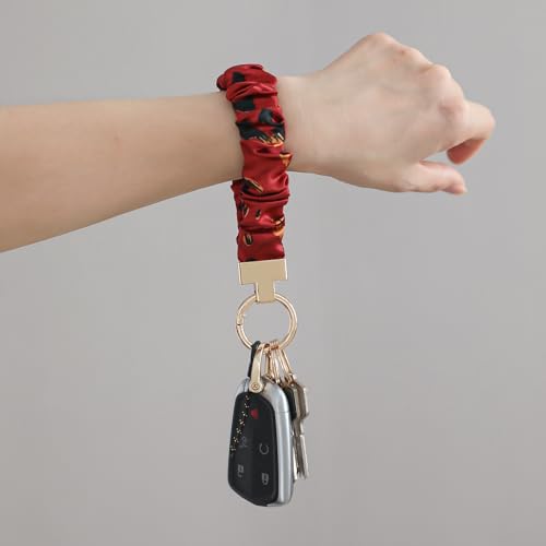 Blue Floral Scrunchie Wristlet Keychain– Tarnish-Resistant Key Ring - color: Red
