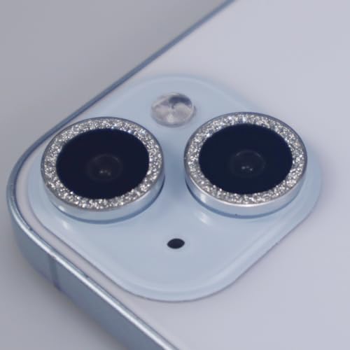 BONVAN for iPhone 15/15 Plus Camera Lens Protector Bling Glitter Metal Crystal Tempered Glass Screen Accessories Sparkly Lens Cover, also Compatible with iPhone 16e (2PCS) (Silver) - color: Silver