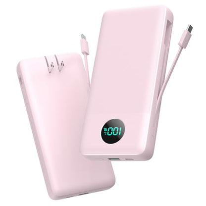Portable Charger 33800mAh USB C Power Bank with Built-in Cables & AC Wall Plug,25W Fast Charging+QC 4.0 Phone Charger,4 Output Travel Essentials Battery Pack for iPhone16/15/14/13,Samsung,Android etc
