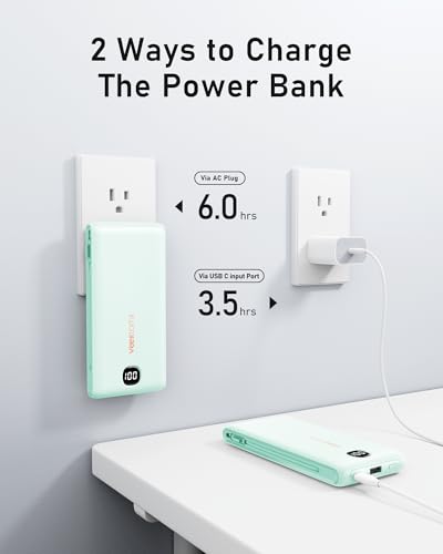 VEEKTOMX 10000mAh Portable Charger with Built-in Cables & Wall Plug - color: Cyan