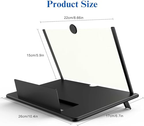 12" Screen Magnifier for Cell Phone – 3D HD Magnifing Screen Enlarger Projector for Movies Videos and Gaming – Foldable Phone Stand Holder with Screen Amplifier–Compatible with All Smartphones - color: Black-12''