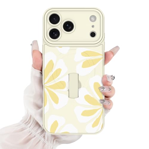 for iPhone 17 Pro Max Case White Yellow Cute Petals Floral Pattern | [Compatible with Magsafe] with Finger Hand Strap Kickstand Case for Girls Women Shock Scratch Protection Phone case - color: White Yellow / Floral Petal, size: iPhone 17 Pro Max