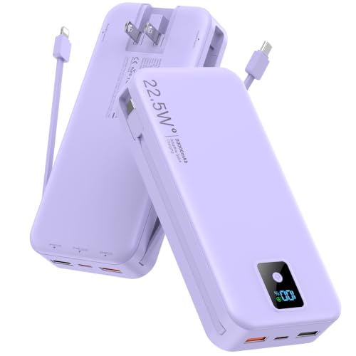 Portable Charger 20000mAh 22.5W w/Built-in Cable & Wall Plug Purple - color: Violet
