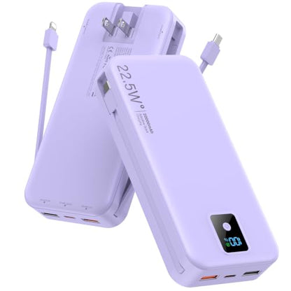 Portable Charger 20000mAh 22.5W w/Built-in Cable & Wall Plug Purple - color: Violet