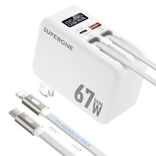 SUPERONE 67W Retractable Wall Charger with 3.3ft Nylon USB C & Apple Cables - color: White