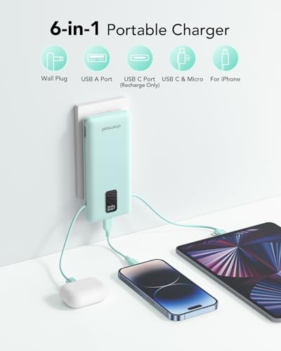 charmast Portable Charger Power Bank 10000mAh with Built-in AC Wall Plug - color: Cyan
