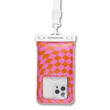 Sonix Waterproof Phone Pouch - Floating Phone Case Dry Bag w/Crossbody Lanyard - Beach Cruise Travel Essentials - Compatible w/All Devices, Touchscreen Friendly | Checkmate Pink/Orange - color: Checkmate Pink/Orange