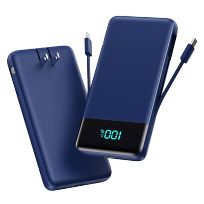 Portable Charger for iPhone,13800mAh Slim Power Bank with Built-in Cables & AC Wall Plug,All in One 4 Outputs USB C Fast Charging Battery Pack Travel Essential for iPhone 17/16/15/14,Android (Blue) - color: Blue
