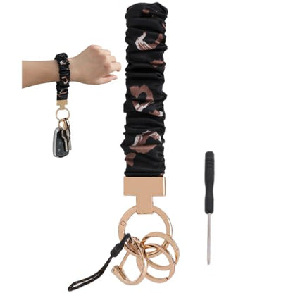 Blue Floral Scrunchie Wristlet Keychain– Tarnish-Resistant Key Ring - color: Black（1）
