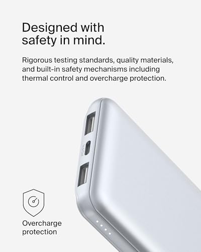 Belkin 10000mAh 15W 3 Port Power Bank, USB A to USB C Cable Included | Fast Charging, iPhone 17, Samsung Galaxy, Pixel, Airpods, iPad, Nintendo Switch 2, Battery Pack, USB C Port, USB A Port - color: Pearl Blue