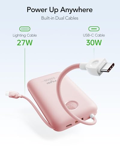 VIYISI Power Bank 20000mAh 30W Fast Charging with Built-in Cables, Pink - color: Pink