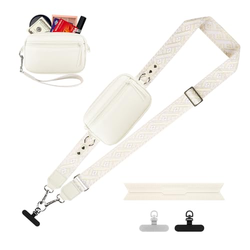 YFWE Clip and Go Strap for Phone with Wallet Crossbody, Adjustable Phone Lanyard with Detachable RFID Wristlet Wallet, Pattern Strap, Cream (M) - color: Cream-pattern Strap, size: Medium