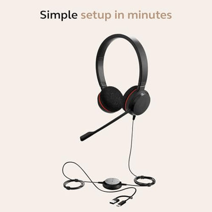 Jabra Evolve 20 Wired Headset (2025 Edition) with USB-A/USB-C, Black - color: Stereo, style: Teams Certified