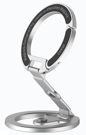 ULANZI MA02 Dual Magnetic Ring Phone Grip Stand, Aluminum for MagSafe Gym Kickstand Compatible with iPhone 17-12 Series, Foldable Phone Tripod Mount with 1/4" Screw for Live Streaming Vlog, Silver - color: Silver